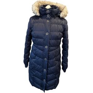 Esprit Quilted Down Puffer Jacket Parka Long‎ Navy Gold Fur Detachable Hood Sz L